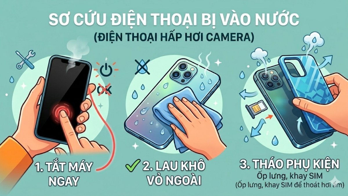 Cách xử lý nhanh camera điện thoại bị hơi nước - tắt máy ngay và lau khô vỏ ngoài