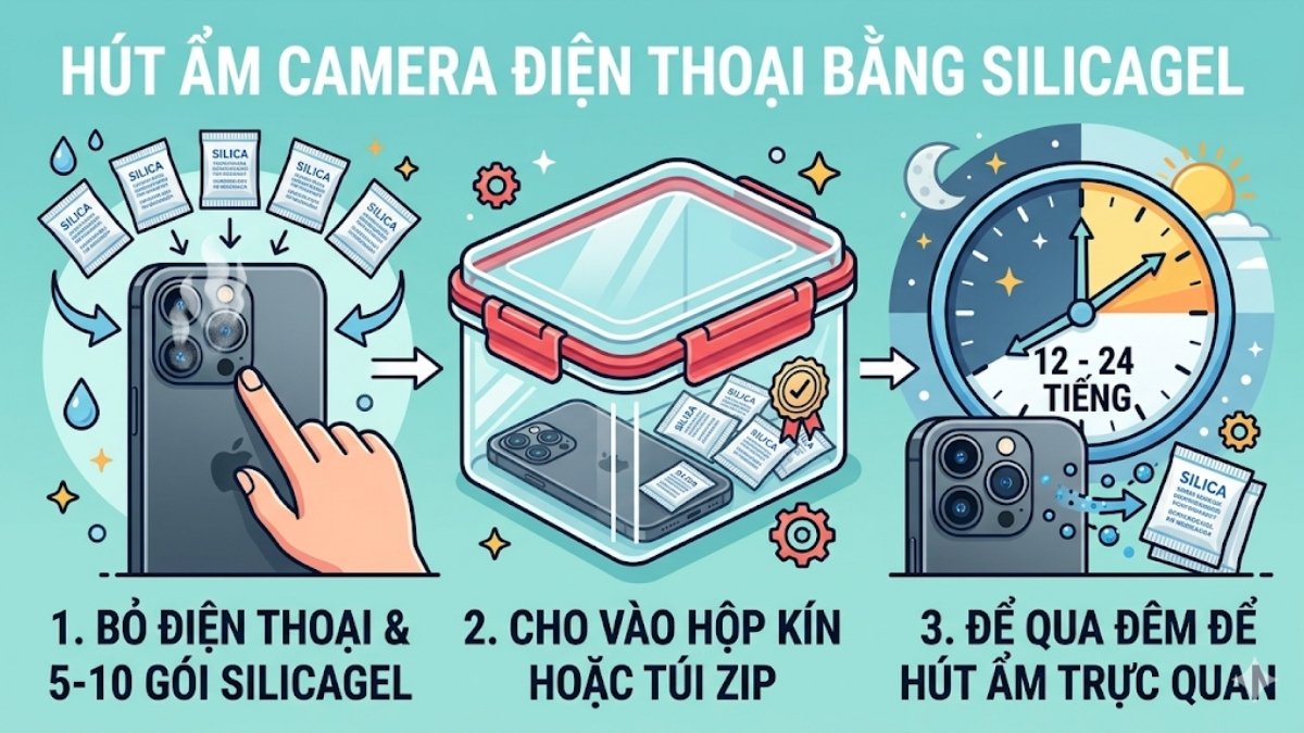Cách xử lý nhanh camera điện thoại bị hơi nước Dùng gói hút ẩm silica gel để hút ẩm qua đêm
