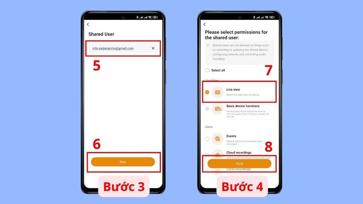 Cách chia sẻ camera Imou bằng mail hoặc số điện thoại - bước 3,4