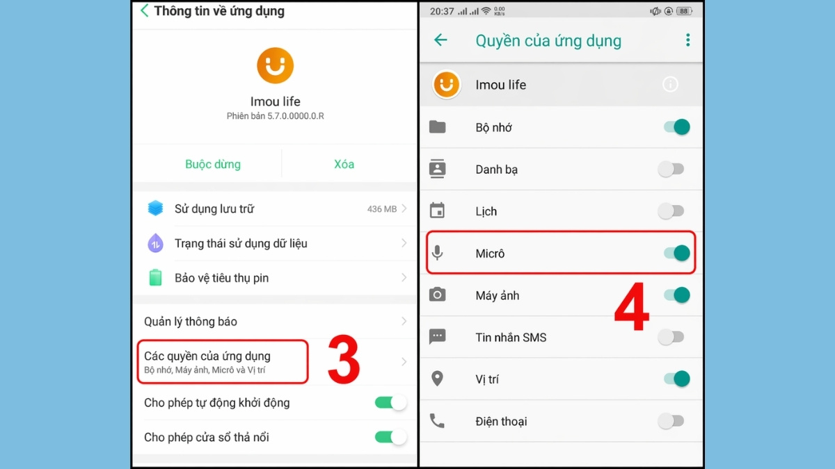 Cách khắc phục camera Imou không nghe được tiếng - cấp quyền micro cho ứng dụng trên android bước 3,4