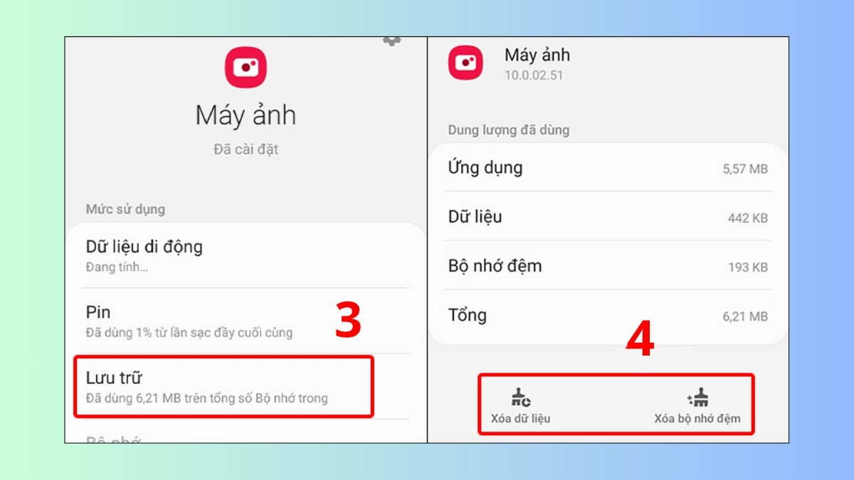 Xoá dữ liệu và bộ nhớ cache của ứng dụng Camera - bước 2,3