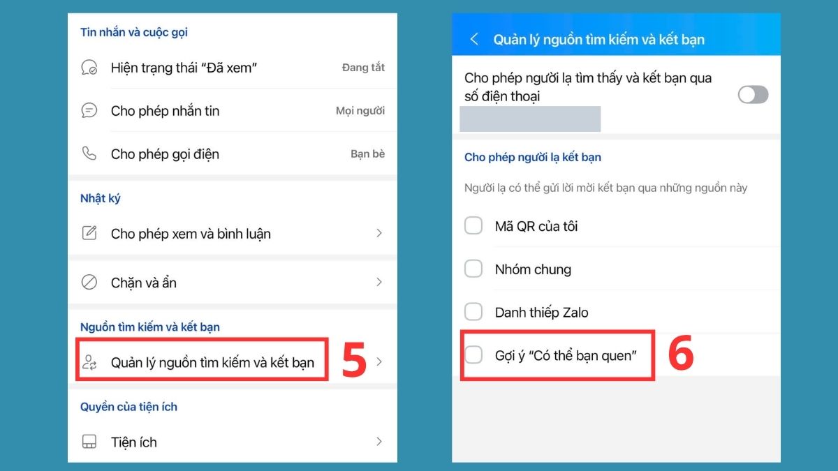 Tắt gợi ý “Có thể bạn quen” trên Zalo - bước 5,6