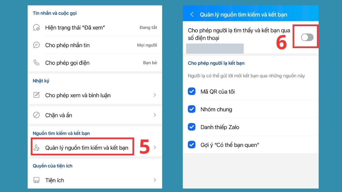 Cách chặn tìm kiếm Zalo bằng số điện thoại - bước 5,6