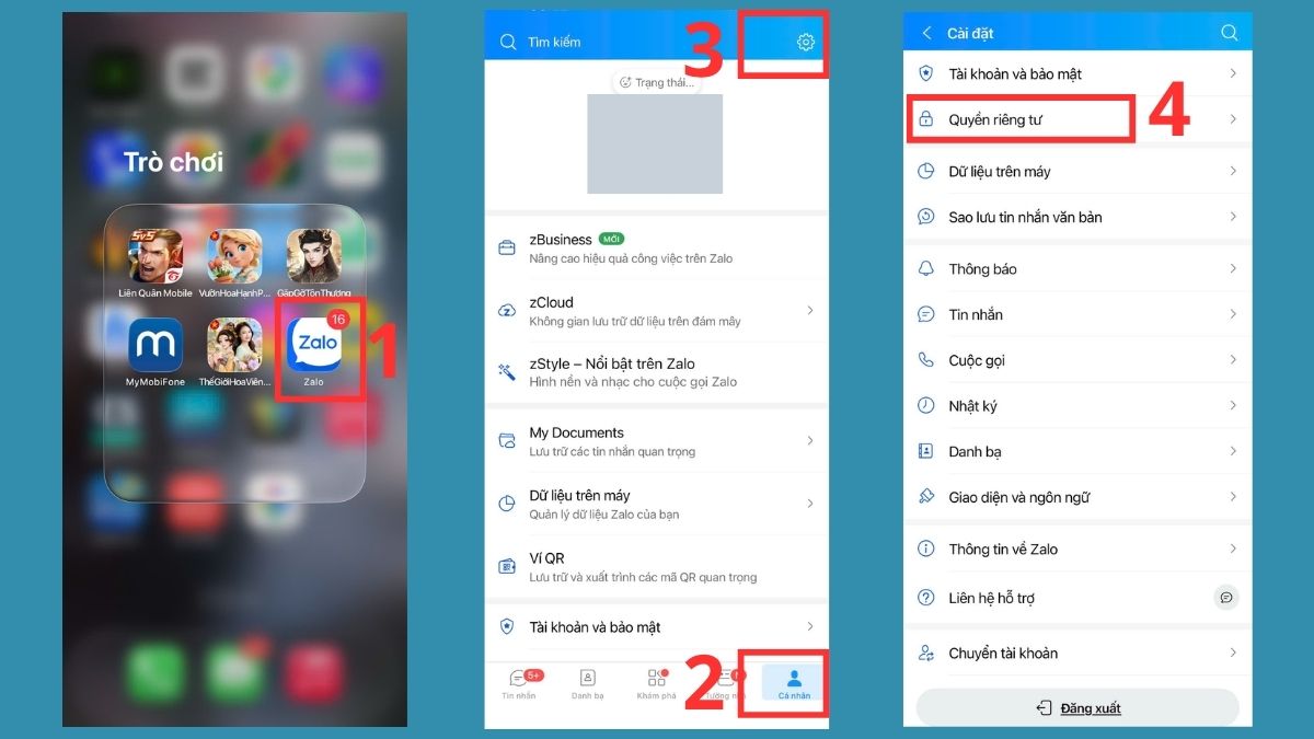 Cách chặn tìm kiếm Zalo qua QR và Username - bước 1,2,3,4