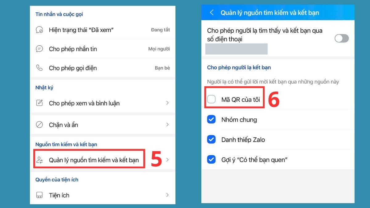Cách chặn tìm kiếm Zalo qua QR và Username - bước 5,6