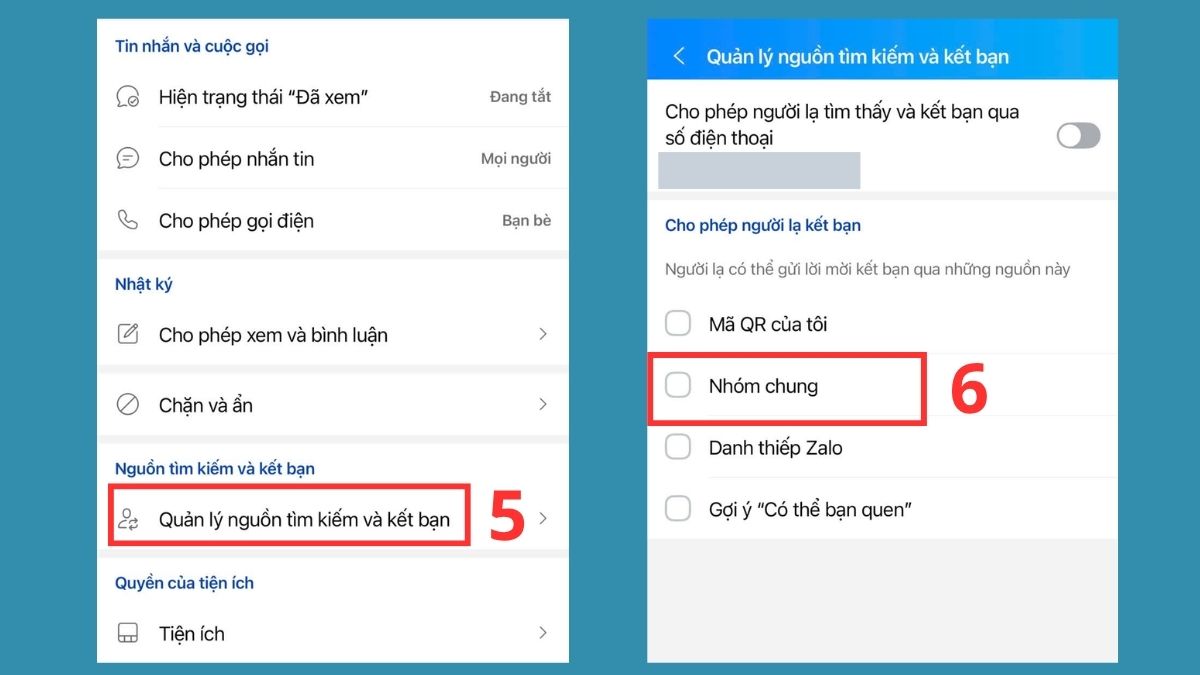 Chặn người lạ tìm thấy qua nhóm chung zalo - bước 5,6