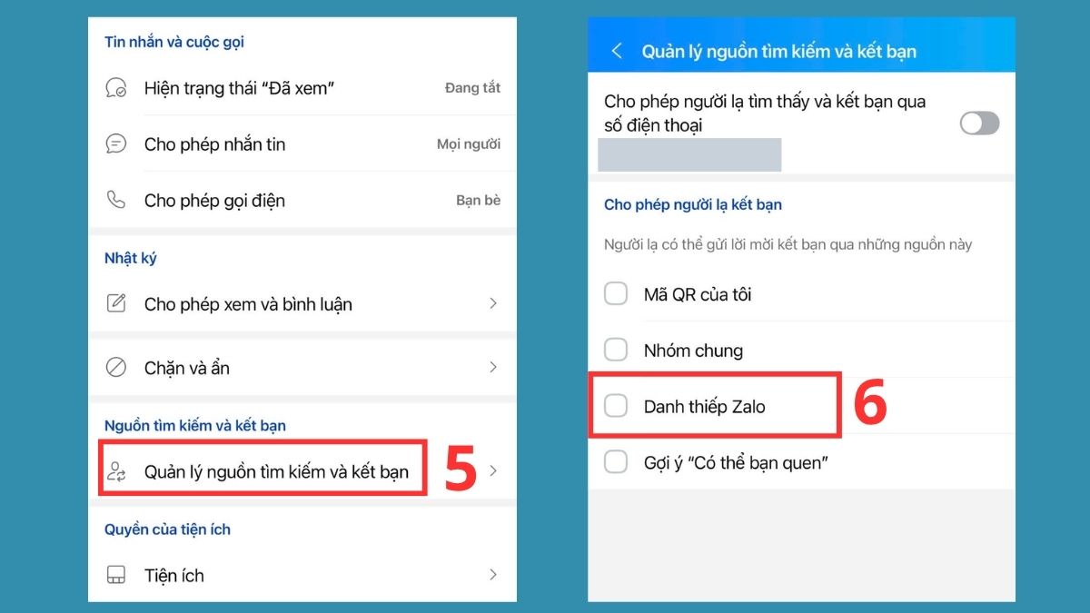 Hạn chế kết bạn qua danh thiếp Zalo - bước 5,6