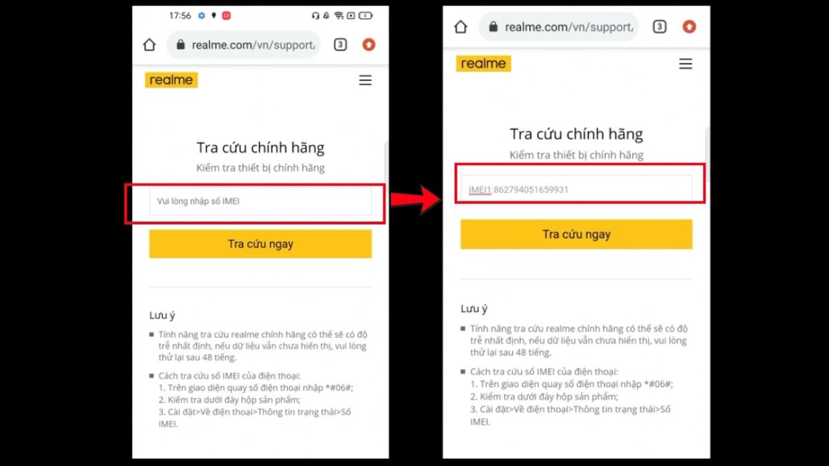 Kiểm tra bảo hành realme qua số IMEI - bước 2