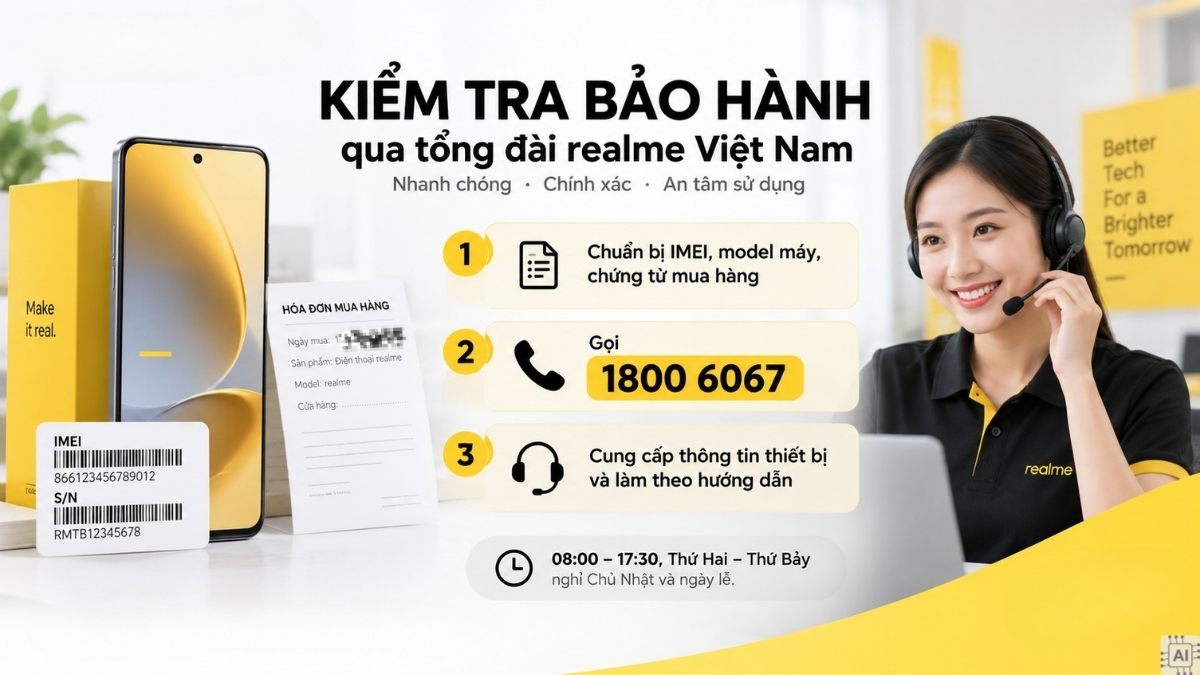 Kiểm tra bảo hành qua tổng đài realme Việt Nam