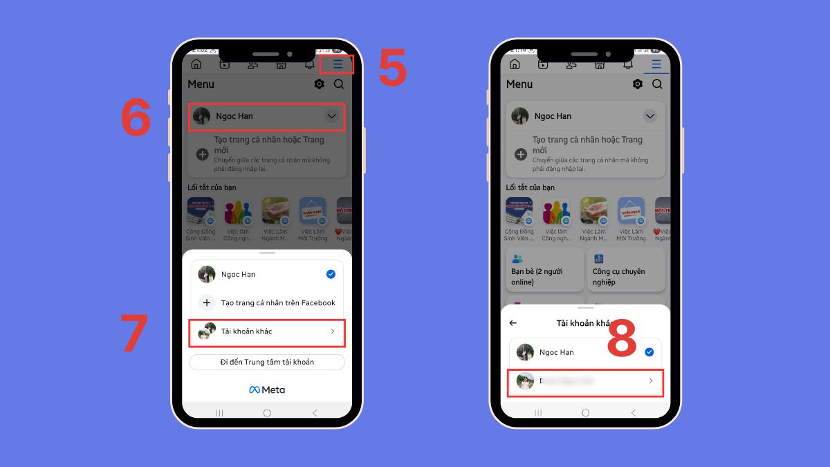 Chuyển đổi tài khoản Facebook trên Android - bước 3,4
