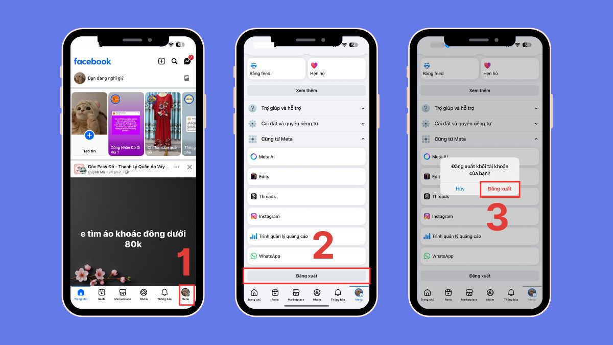 Chuyển đổi tài khoản Facebook trên iPhone - bước 1,2