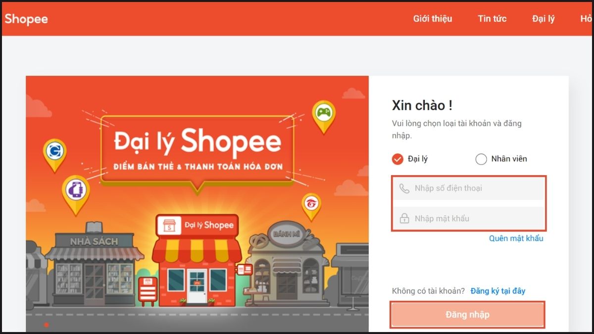 Cách đăng nhập, nạp tiền và quản lý tài khoản Đại lý Shopee - bước 1