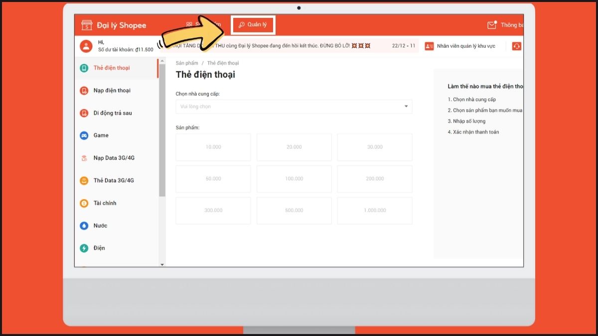 Cách đăng nhập, nạp tiền và quản lý tài khoản Đại lý Shopee - bước 2