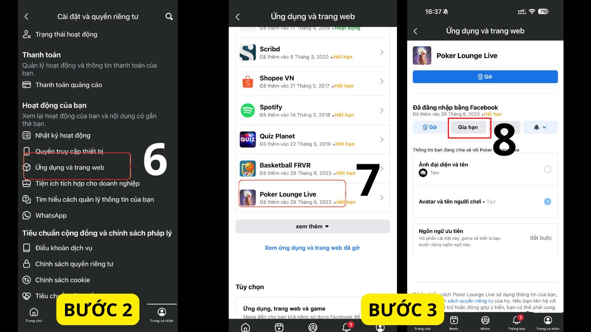 Kiểm tra và cấp lại quyền truy cập Facebook cho ứng dụng game - bước 2,3