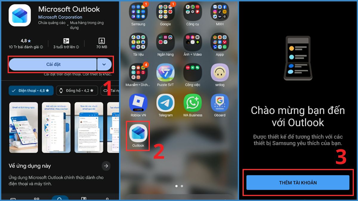 Cách đăng nhập Outlook trên điện thoại android - bước 1,2,3