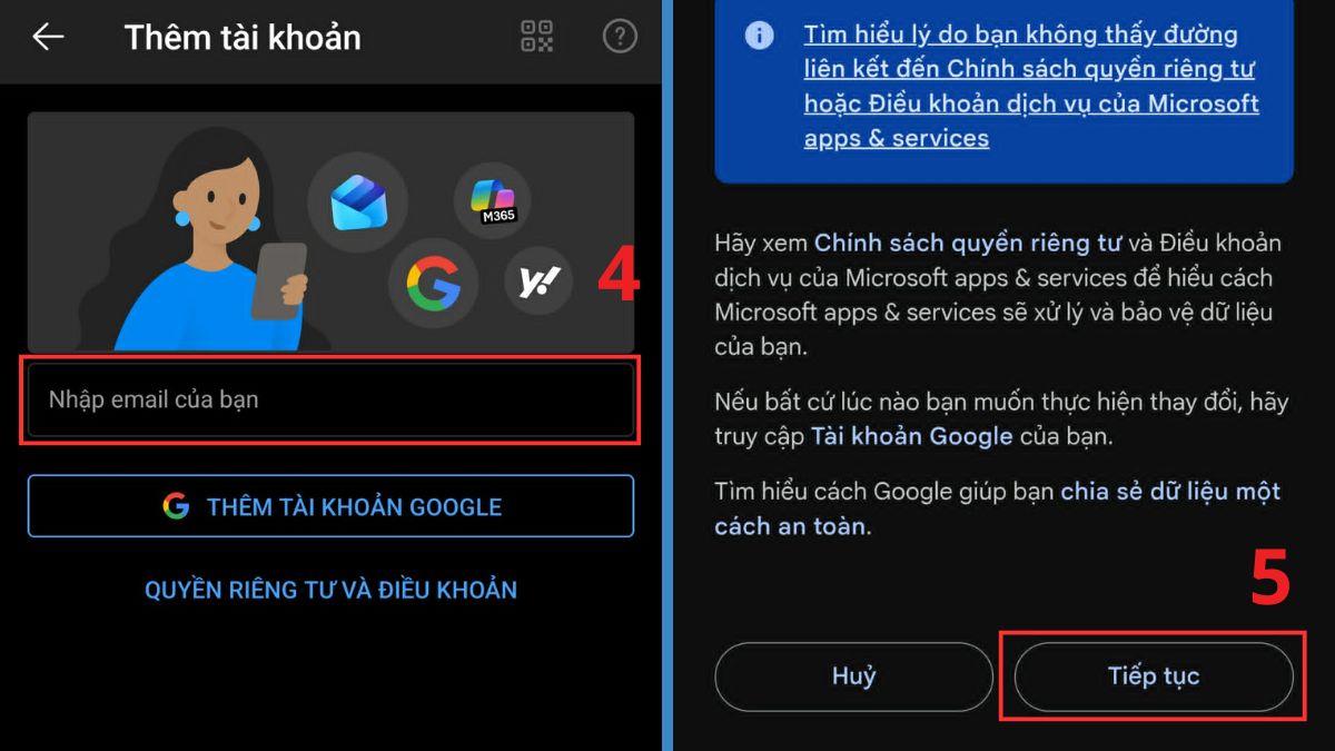 Cách đăng nhập Outlook trên điện thoại android - bước 4,5