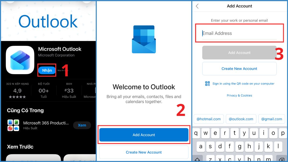 Cách đăng nhập Outlook trên điện thoại iphone - bước 1,2