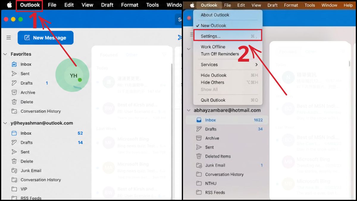 Cách đăng xuất ứng dụng Outlook trên máy tính macos - bước 1