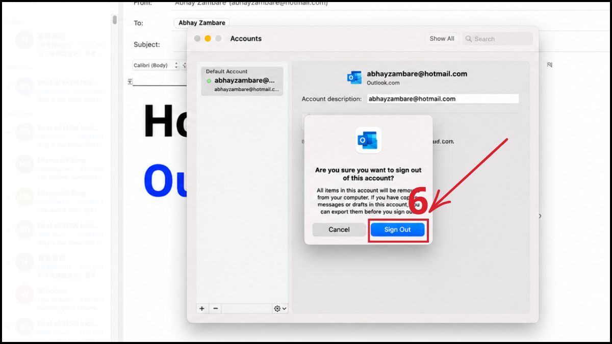 Cách đăng xuất ứng dụng Outlook trên máy tính macos - bước 5