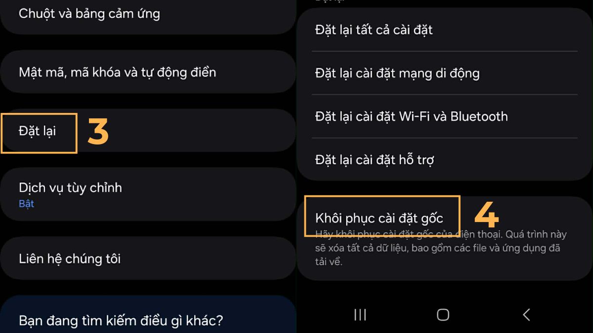 Khôi phục cài đặt gốc trên điện thoại khi bị treo điện thoại - trên android - bước 2,3