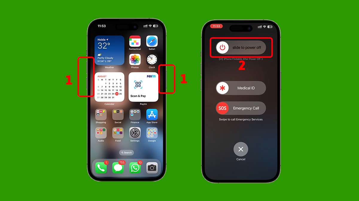 Cách khắc phục điện thoại nhận SIM nhưng không có dịch vụ - khởi động lại thiết bị - bước 1,2