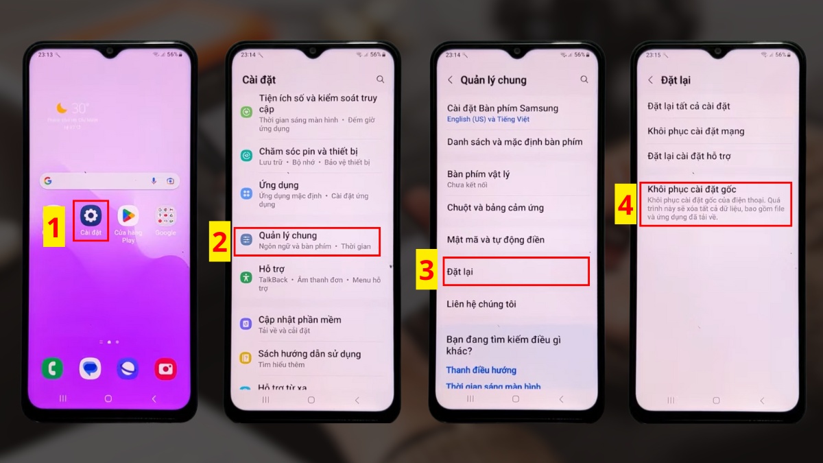 khôi phục cài đặt gốc khi màn hình samsung loạn màu - bước 1,2