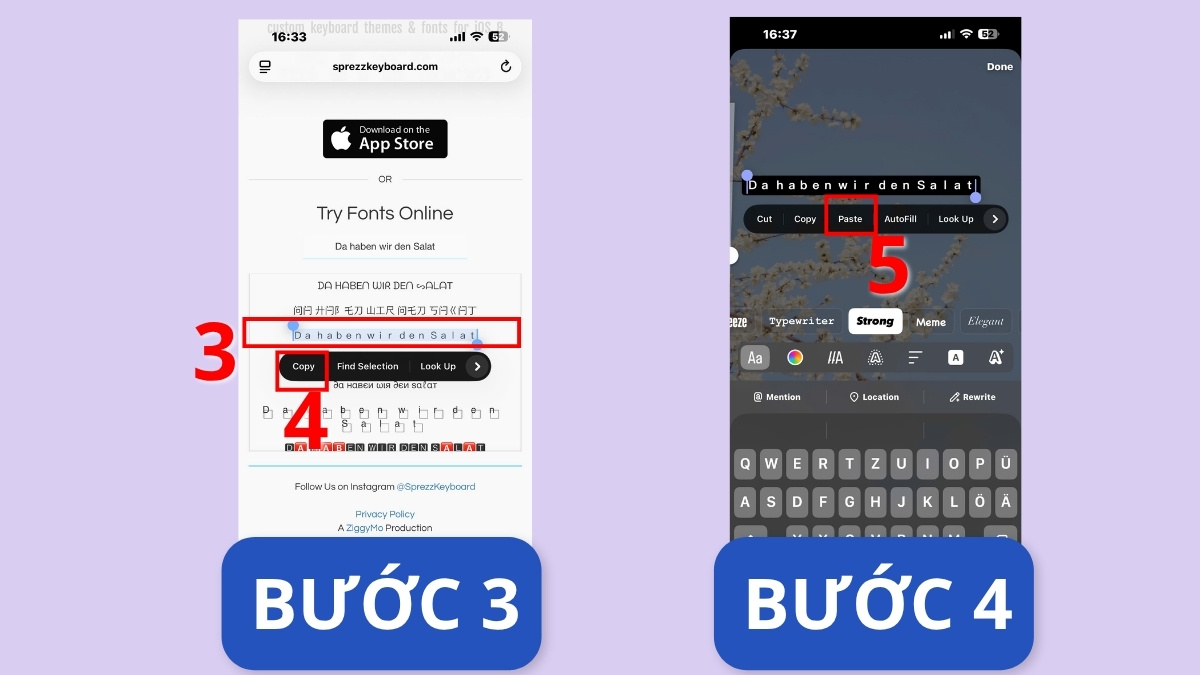cách đổi font chữ trên instagram trên Sprezz Keyboard - bước 3,4
