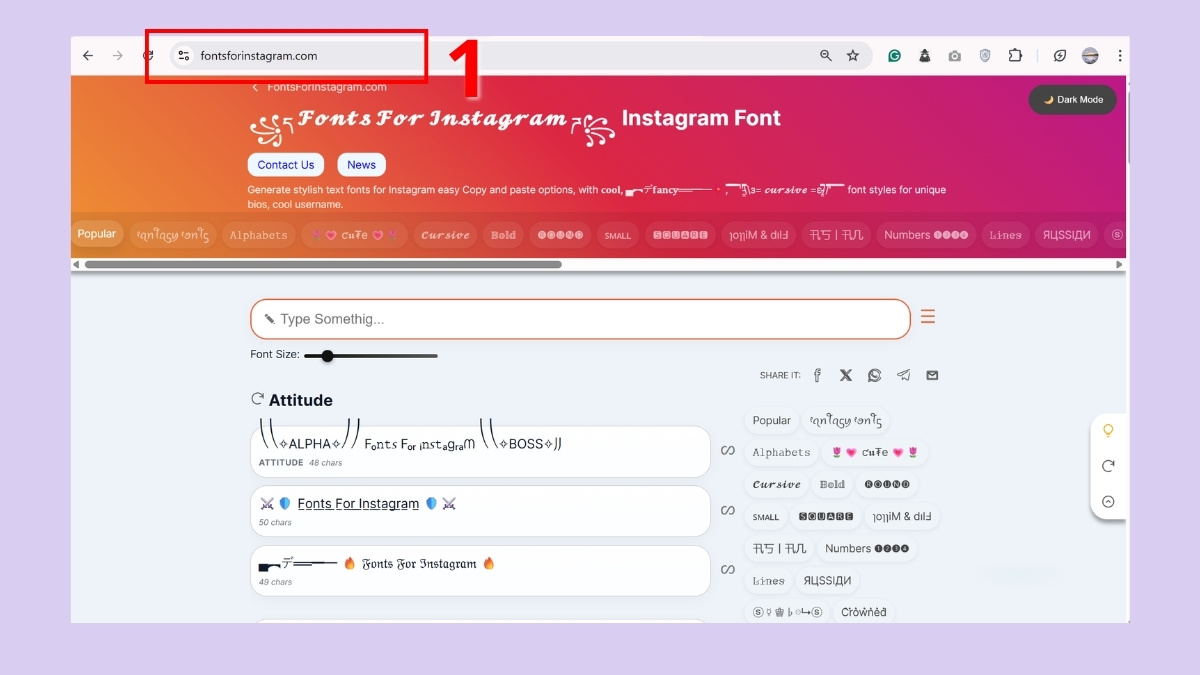 chuyển đổi font chữ instagram trên Font for Instagram - bước 1