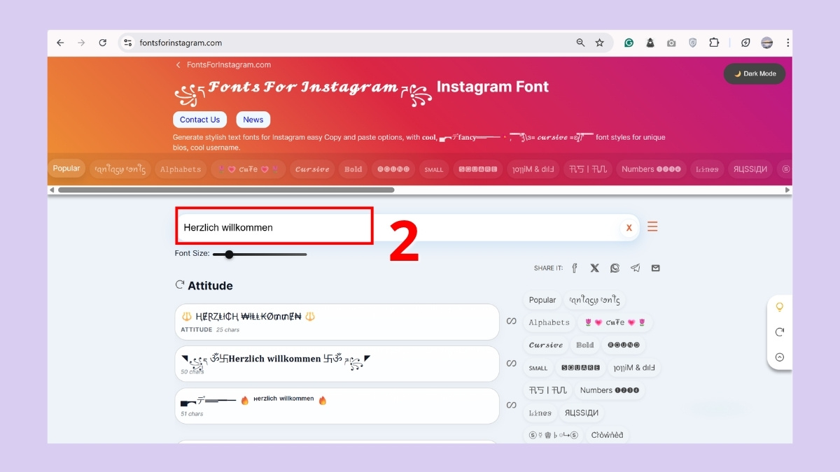 chuyển đổi font chữ instagram trên Font for Instagram - bước 2