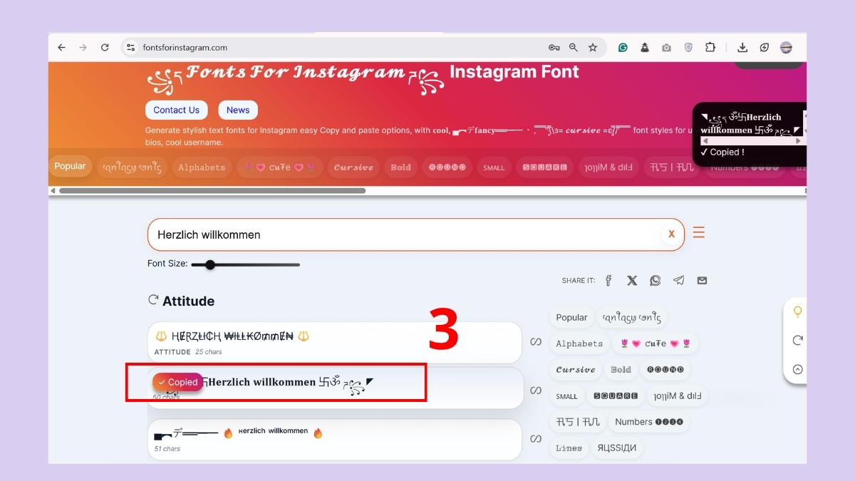 chuyển đổi font chữ instagram trên Font for Instagram - bước 3