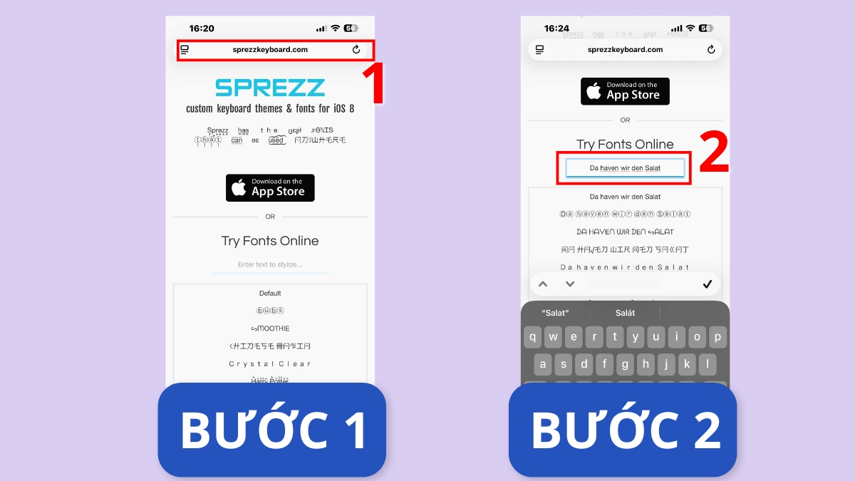 cách đổi font chữ trên instagram trên Sprezz Keyboard - bước 1, 2