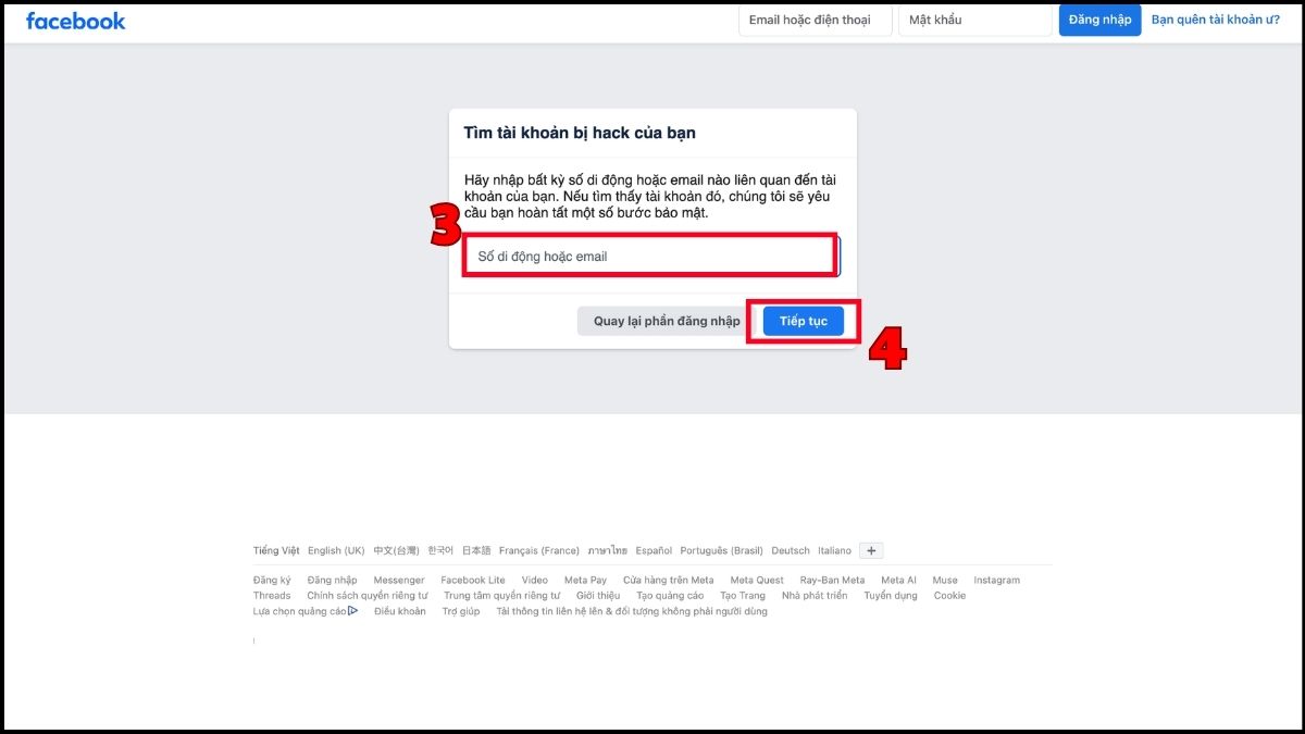 Cách lấy lại tài khoản Facebook bị hack và không đăng nhập được đã thay đổi email và SĐT - bước 2