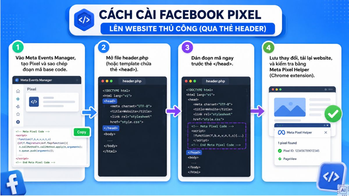 Cách cài Facebook Pixel lên website thủ công (qua thẻ header)