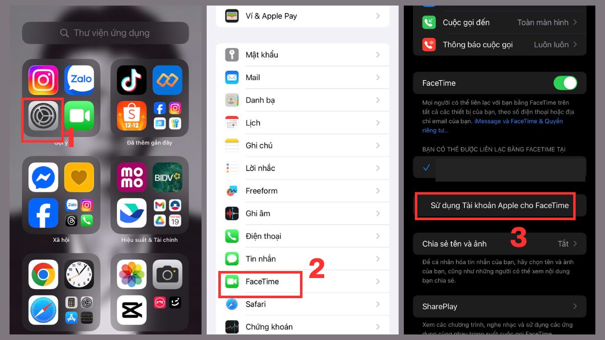 Cách thêm email để gọi và nhận cuộc gọi FaceTime - bước 1,2,3