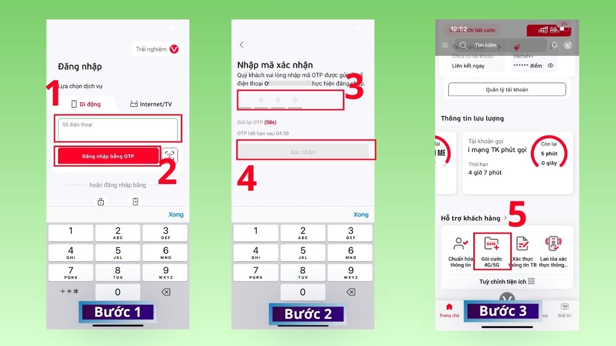 Hướng dẫn cách đăng ký gói 10K Viettel 1 ngày qua ứng dụng viettel - bước 1,2,3