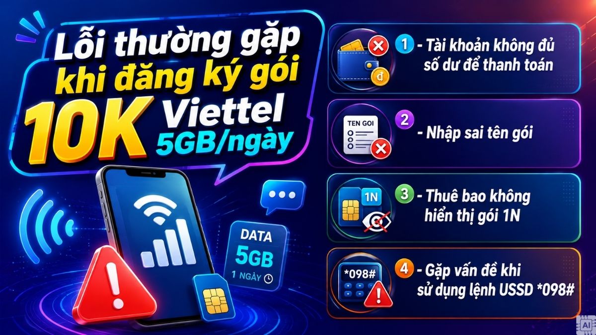 Lỗi thường gặp khi đăng ký gói 10K Viettel 5GB/ngày