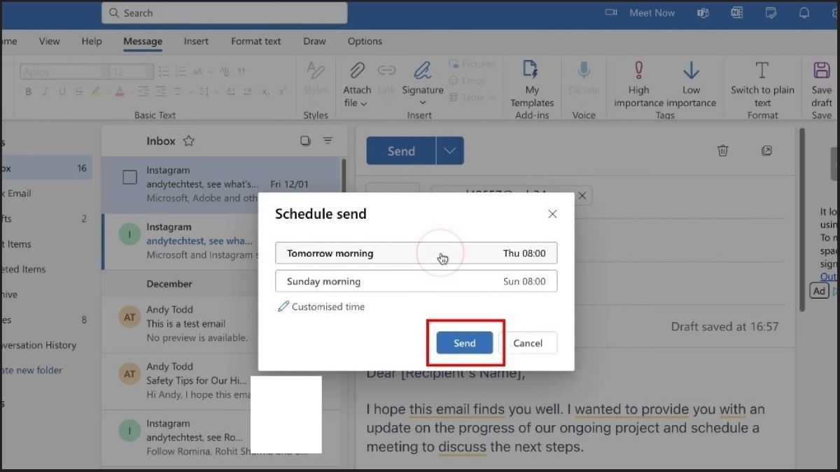 Hẹn giờ gửi mail Outlook trên website Outlook - bước 3