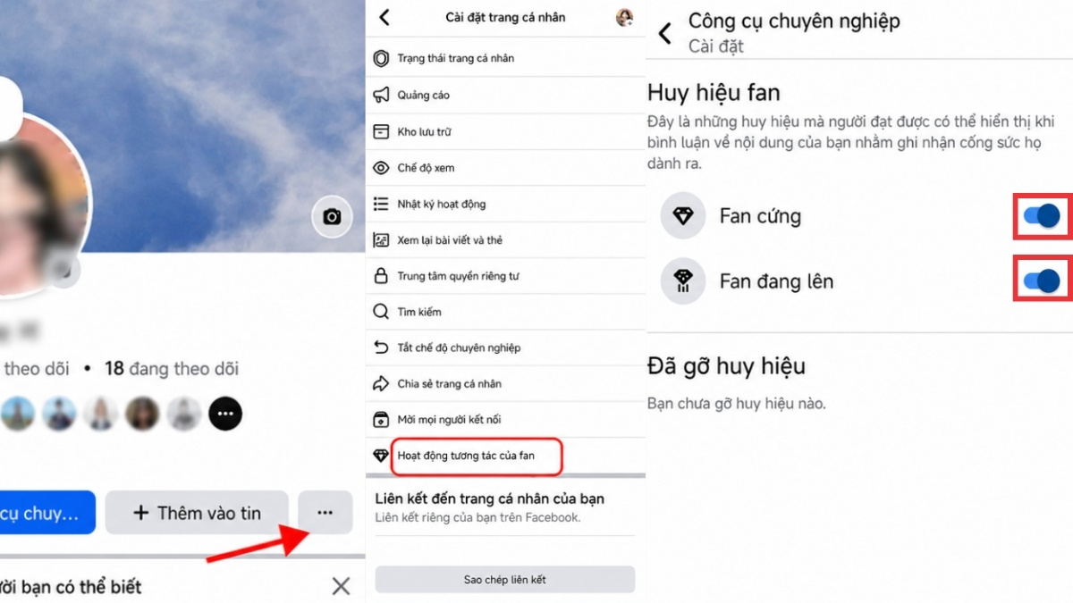 Cách bật huy hiệu fan cứng bằng điện thoại - bước 1,2,3