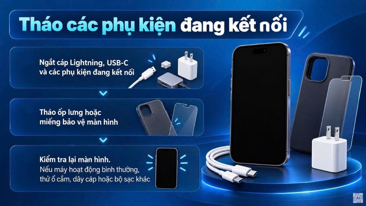 Cách khắc phục lỗi iPhone không lên màn hình - tháo phụ kiện đang kết nối