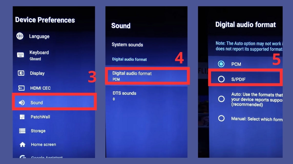 cách kết nối tivi Xiaomi với loa Kết nối qua bộ chuyển đổi S/PDIF - bước 3,4,5