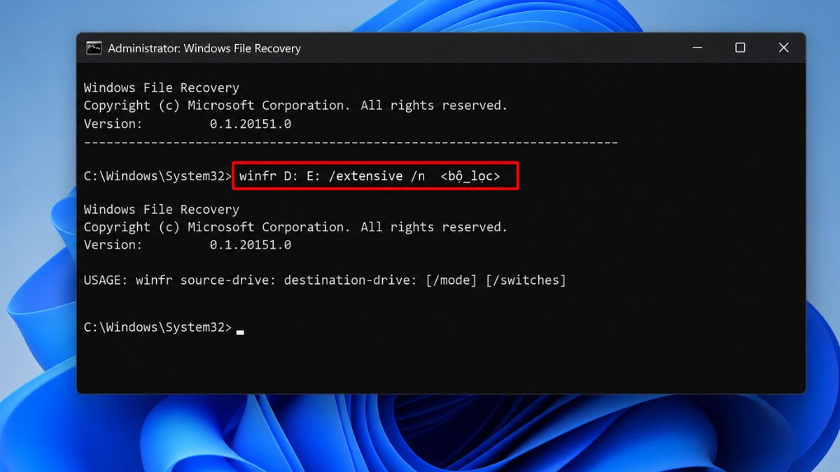 Cách khôi phục dữ liệu thẻ nhớ bằng phần mềm windows file recovery - bước 3