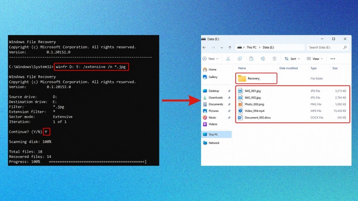 Cách khôi phục dữ liệu thẻ nhớ bằng phần mềm windows file recovery - bước 4