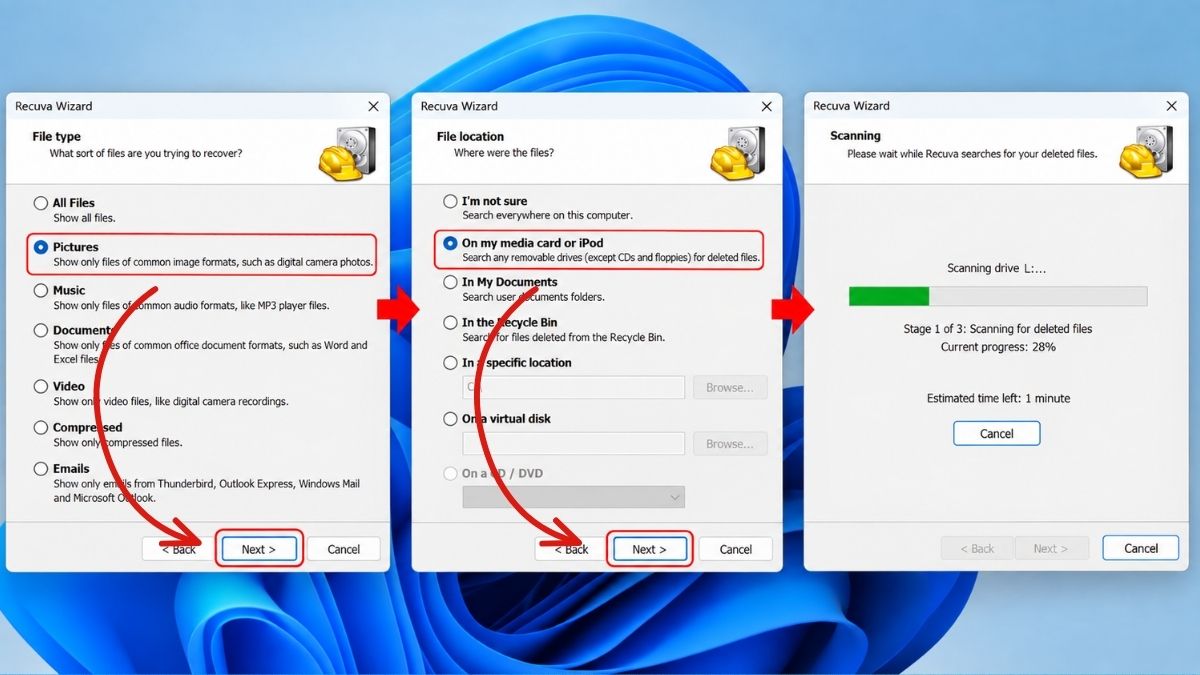 Cách khôi phục dữ liệu thẻ nhớ bằng phần mềm recuva - bước 3
