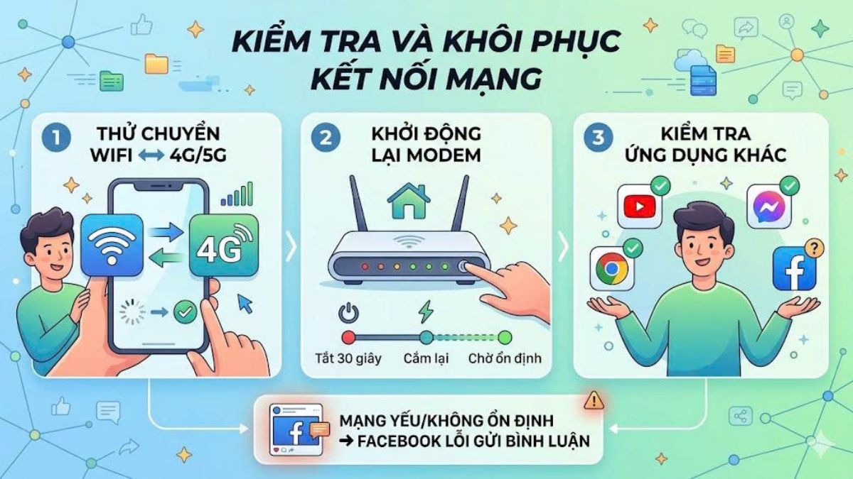 Cách khắc phục lỗi không bình luận được trên Facebook - kiểm tra và khôi phục kết nối mạng