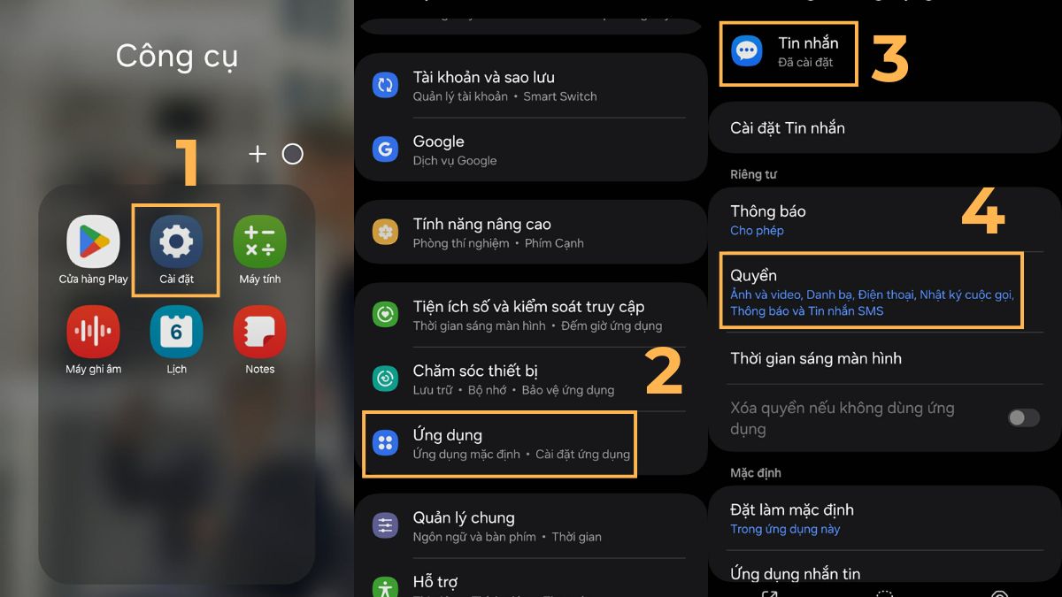 Cấp quyền truy cập tin nhắn SMS trên Samsung khi không gửi được tin nhắn - bước 1,2