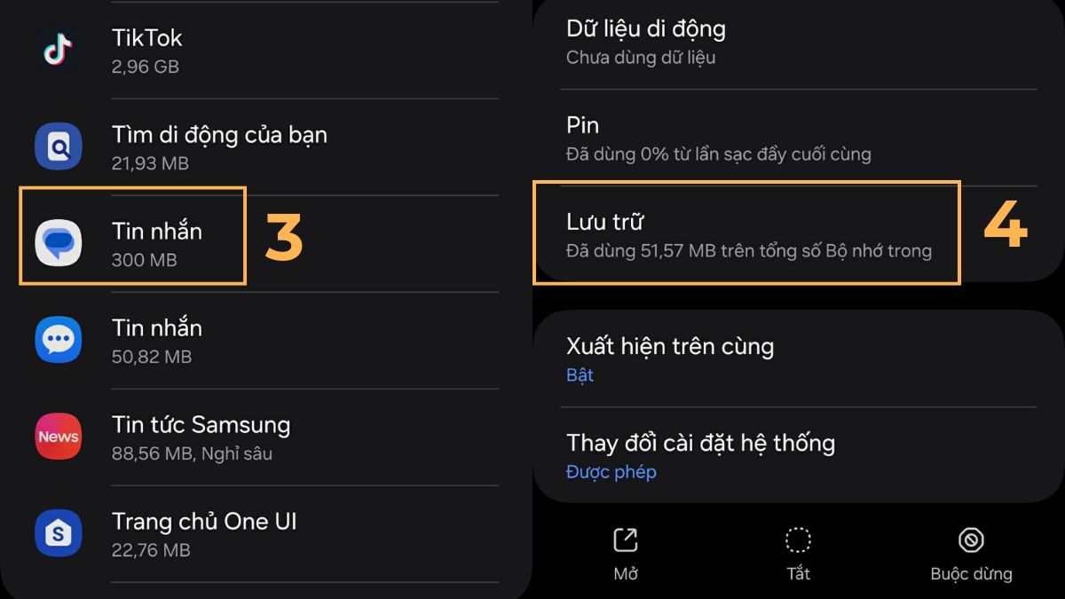 Xóa bộ nhớ cache của ứng dụng tin nhắn trên Samsung khi không gửi được tin nhắn - bước 2,3