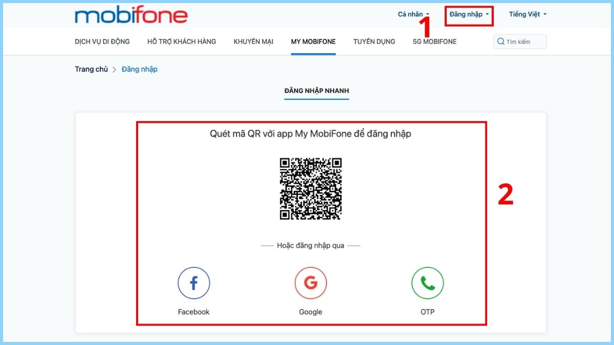 Hướng dẫn cách kiểm tra dịch vụ MobiFone đang sử dụng trên website MobiFone - bước 1