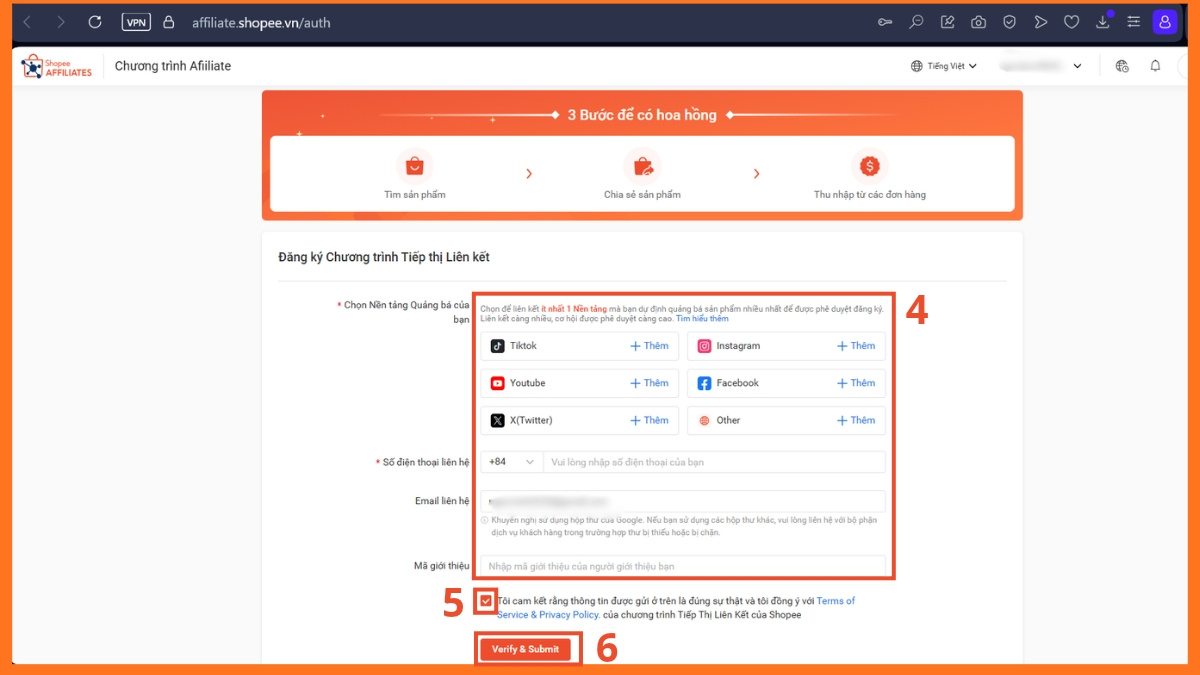 Hướng dẫn đăng ký KOL Shopee Affiliate chi tiết - bước 2