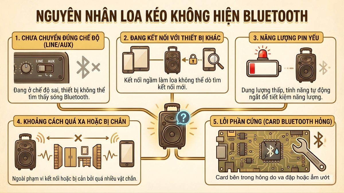 Nguyên nhân loa kéo không hiện Bluetooth