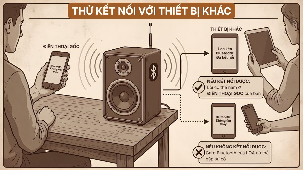 Cách khắc phục loa kéo không hiện Bluetooth - thử kết nối với thiết bị khác